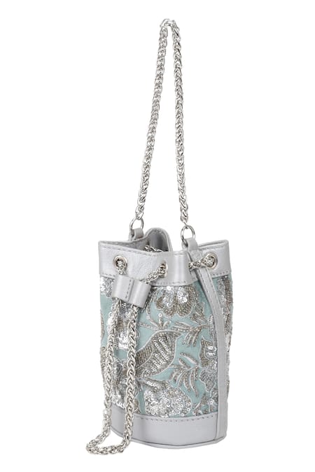 The Leather Garden_Green Leather Embroidered Mini Bucket Bag _Online_at_Aza_Fashions