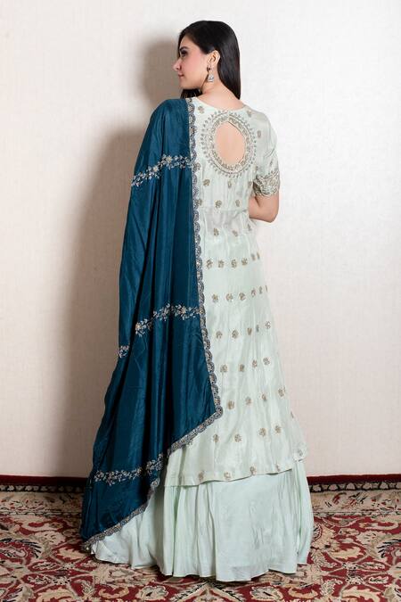 Kesar Studio_Blue Bamboo Embroidery, Zari V-neck Zardozi Kurta Lehenga Set_Online_at_Aza_Fashions