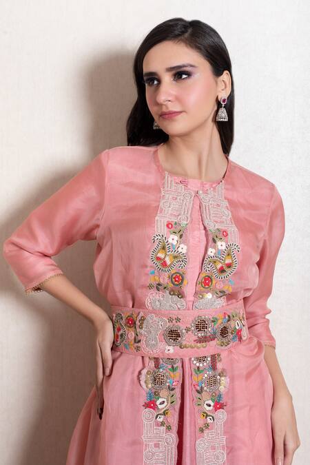 Buy_Kesar Studio_Pink Bamboo Embroidery Round Neck Flower Bunch Jacket Gown Set_Online_at_Aza_Fashions