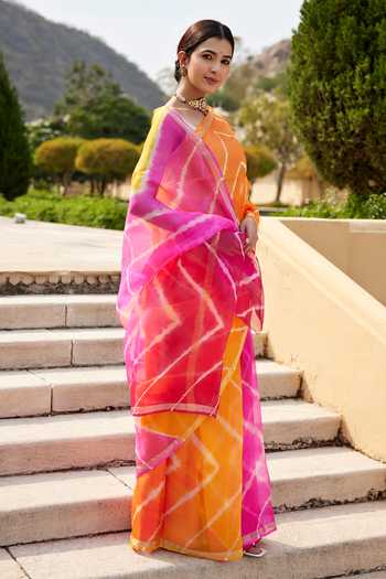 Shop Geroo Jaipur Multi Color Silk Round Neck Hand Dyed Saree With Blouse Online at Aza Fashions Shop_Geroo Jaipur_Multi Color Silk Round Neck Hand Dyed Saree With Blouse _Online_at_Aza_Fashions
