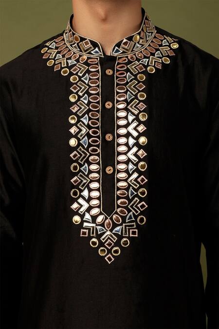 Sammohan Ceremonial_Black Vis Silk And Spun  Lining 100% Embroidery Placket Kurta Set_Online_at_Aza_Fashions
