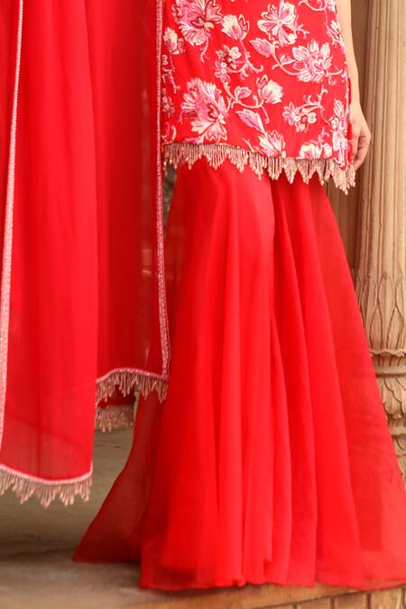 Dheeru Taneja_Red Organza, Crepe, Georgette Embroidery, Samrina Printed Kurta Sharara Set _Online_at_Aza_Fashions