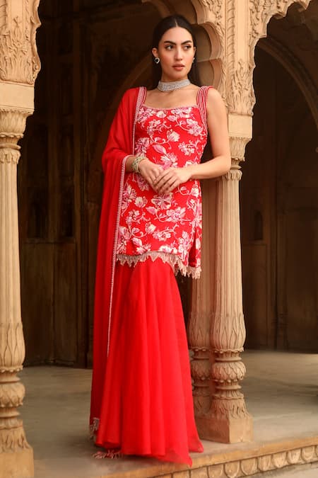 Shop Dheeru Taneja Red Organza, Crepe, Georgette Embroidery, Samrina Printed Kurta Sharara Set Online at Aza Fashions Shop_Dheeru Taneja_Red Organza, Crepe, Georgette Embroidery, Samrina Printed Kurta Sharara Set _Online_at_Aza_Fashions