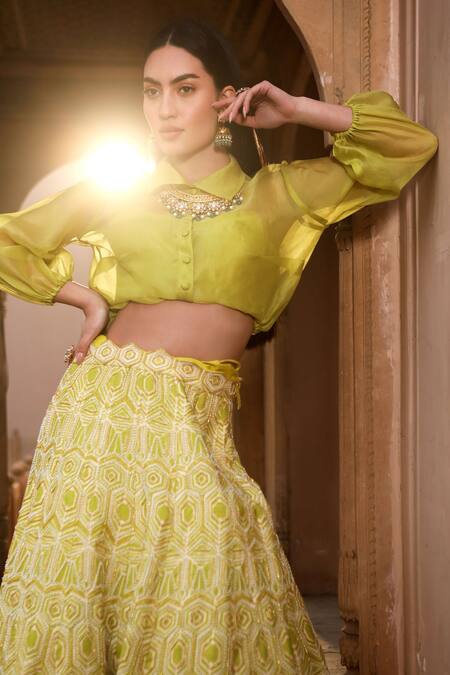 Dheeru Taneja_Green Organza, Chanderi Beads, Mirrors, Samsara Shirt And Printed Lehenga Set _Online_at_Aza_Fashions