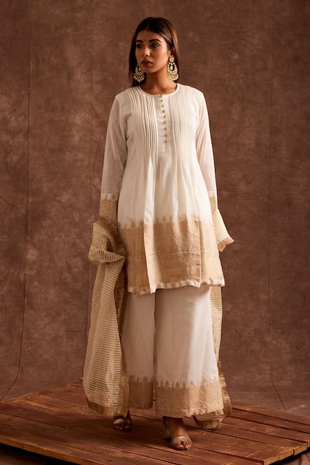 Shop The Home Affair White Chanderi Zari Round Neck Banarasi Pintucked Kurta Sharara Set Online at Aza Fashions Shop_The Home Affair_White Chanderi Zari Round Neck Banarasi Pintucked Kurta Sharara Set _Online_at_Aza_Fashions
