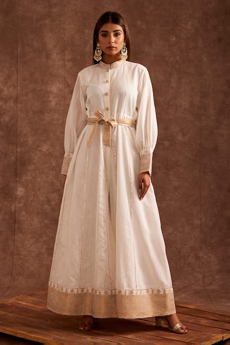 The Home Affair_White Chanderi Embroidery, Lace Mandarin Banarasi Zari Woven Patterned Jumpsuit _Online_at_Aza_Fashions