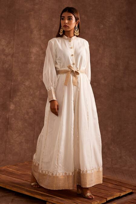 Buy_The Home Affair_White Chanderi Embroidery, Lace Mandarin Banarasi Zari Woven Patterned Jumpsuit _Online_at_Aza_Fashions