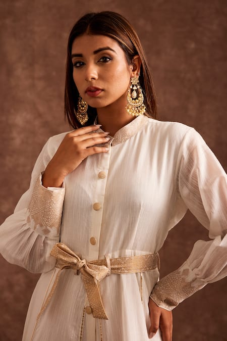 Shop_The Home Affair_White Chanderi Embroidery, Lace Mandarin Banarasi Zari Woven Patterned Jumpsuit _Online_at_Aza_Fashions