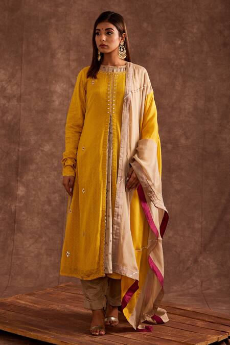 Buy The Home Affair Yellow Chiffon Embroidery, Gota Patti Round Neck Contrast Jacket Kurta Set Online at Aza Fashions Buy_The Home Affair_Yellow Chiffon Embroidery, Gota Patti Round Neck Contrast Jacket Kurta Set _Online_at_Aza_Fashions