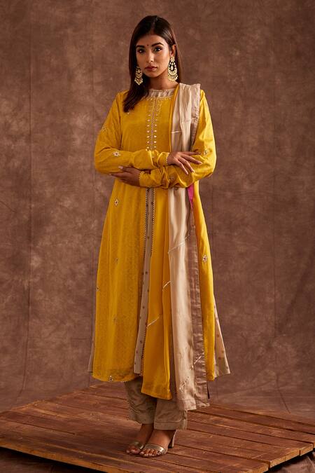 Shop The Home Affair Yellow Chiffon Embroidery, Gota Patti Round Neck Contrast Jacket Kurta Set Online at Aza Fashions Shop_The Home Affair_Yellow Chiffon Embroidery, Gota Patti Round Neck Contrast Jacket Kurta Set _Online_at_Aza_Fashions