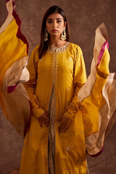 Contrast Trim Cotton Anarkali Suit in Yellow : KKQ56