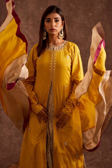 The Home Affair Yellow Chiffon Embroidery, Gota Patti Round Neck Contrast Jacket Kurta Set at Aza Fashions The Home Affair_Yellow Chiffon Embroidery, Gota Patti Round Neck Contrast Jacket Kurta Set _at_Aza_Fashions