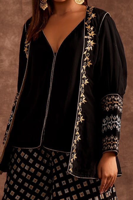The Home Affair_Black Chinon Printed Geometrical Jacket Open Handblock Sharara Set _Online_at_Aza_Fashions