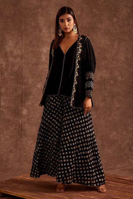 Buy_The Home Affair_Black Chinon Printed Geometrical Jacket Open Handblock Sharara Set _Online_at_Aza_Fashions