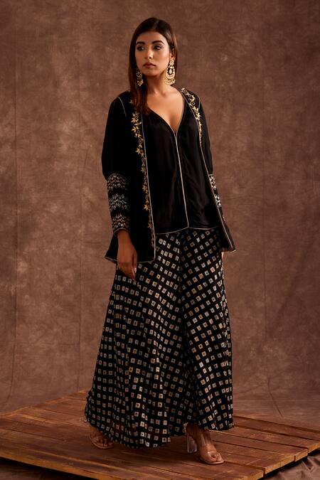 Shop_The Home Affair_Black Chinon Printed Geometrical Jacket Open Handblock Sharara Set _Online_at_Aza_Fashions