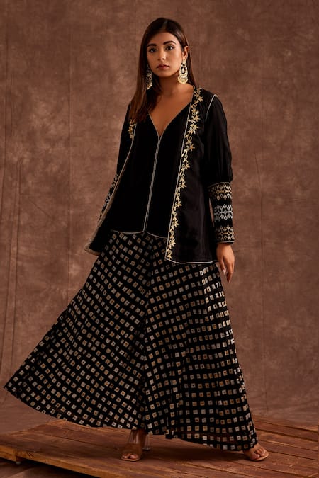 The Home Affair_Black Chinon Printed Geometrical Jacket Open Handblock Sharara Set _at_Aza_Fashions
