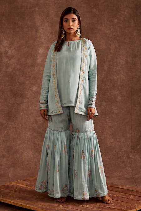 The Home Affair Blue Chiffon Gota Patti, Lace, Embroidery Open Block Print Jacket Gharara Set Online at Aza Fashions The Home Affair_Blue Chiffon Gota Patti, Lace, Embroidery Open Block Print Jacket Gharara Set _Online_at_Aza_Fashions