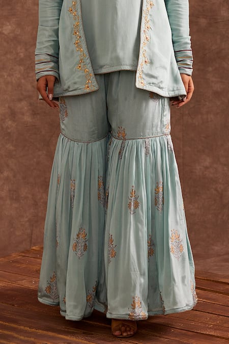 Buy The Home Affair Blue Chiffon Gota Patti, Lace, Embroidery Open Block Print Jacket Gharara Set Online at Aza Fashions Buy_The Home Affair_Blue Chiffon Gota Patti, Lace, Embroidery Open Block Print Jacket Gharara Set _Online_at_Aza_Fashions