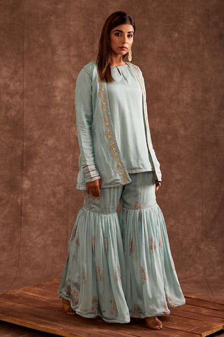 Shop The Home Affair Blue Chiffon Gota Patti, Lace, Embroidery Open Block Print Jacket Gharara Set Online at Aza Fashions Shop_The Home Affair_Blue Chiffon Gota Patti, Lace, Embroidery Open Block Print Jacket Gharara Set _Online_at_Aza_Fashions