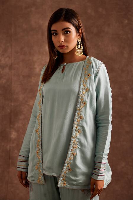 The Home Affair Blue Chiffon Gota Patti, Lace, Embroidery Open Block Print Jacket Gharara Set at Aza Fashions The Home Affair_Blue Chiffon Gota Patti, Lace, Embroidery Open Block Print Jacket Gharara Set _at_Aza_Fashions