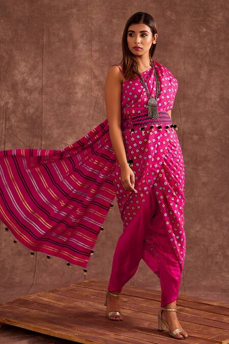 Buy The Home Affair Pink Chiffon Pom-poms Handblock Geometric Print Dhoti Saree Set Online at Aza Fashions Buy_The Home Affair_Pink Chiffon Pom-poms Handblock Geometric Print Dhoti Saree Set _Online_at_Aza_Fashions