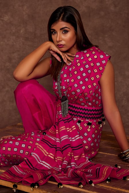 Shop The Home Affair Pink Chiffon Pom-poms Handblock Geometric Print Dhoti Saree Set Online at Aza Fashions Shop_The Home Affair_Pink Chiffon Pom-poms Handblock Geometric Print Dhoti Saree Set _Online_at_Aza_Fashions