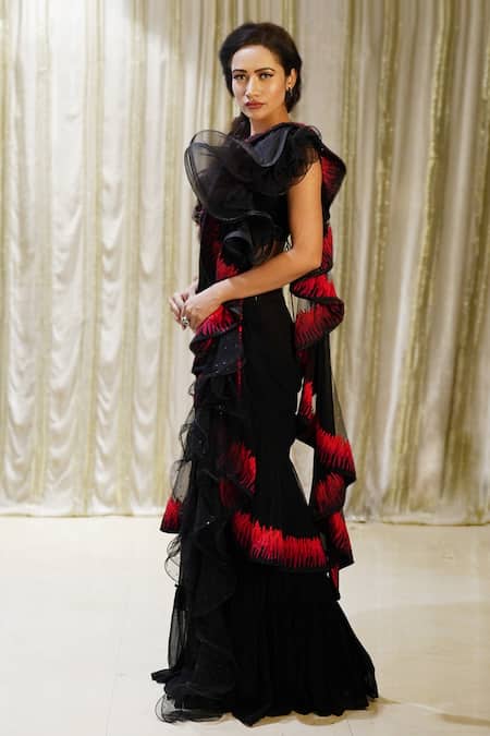 Archana Kochhar Black Velvet, Georgette, Net Cosmic Pre-stitched Palazzo Saree With Blouse Online at Aza Fashions Archana Kochhar_Black Velvet, Georgette, Net Cosmic Pre-stitched Palazzo Saree With Blouse _Online_at_Aza_Fashions