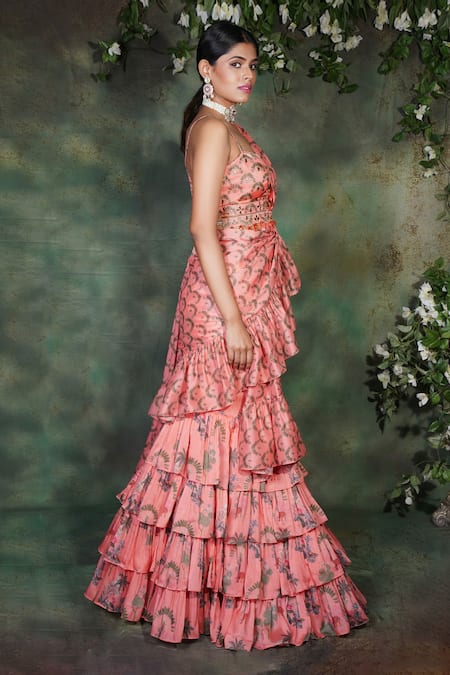 Buy_Archana Kochhar_Orange Satin, Georgette Embroidery, Paradise Pre-draped Ruffle Saree Set _Online_at_Aza_Fashions