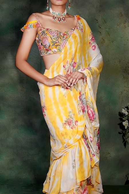 Archana Kochhar Yellow Georgette Mirrors, Embroidery Pre-draped Ruffle Saree With Blouse Online at Aza Fashions Archana Kochhar_Yellow Georgette Mirrors, Embroidery Pre-draped Ruffle Saree With Blouse _Online_at_Aza_Fashions