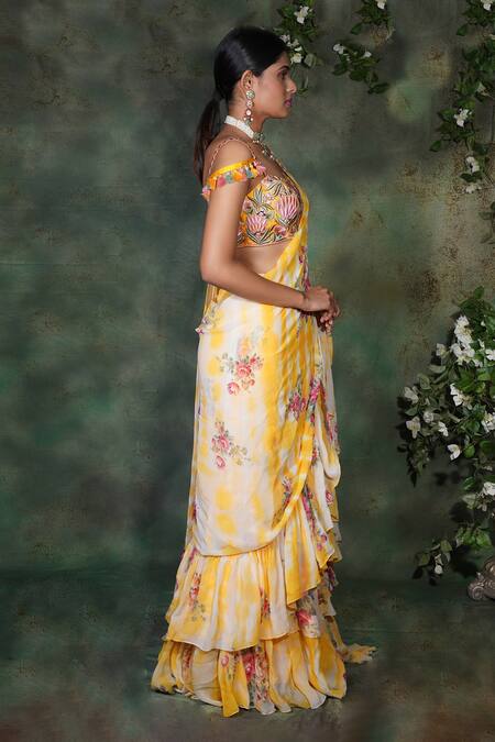 Buy Archana Kochhar Yellow Georgette Mirrors, Embroidery Pre-draped Ruffle Saree With Blouse Online at Aza Fashions Buy_Archana Kochhar_Yellow Georgette Mirrors, Embroidery Pre-draped Ruffle Saree With Blouse _Online_at_Aza_Fashions