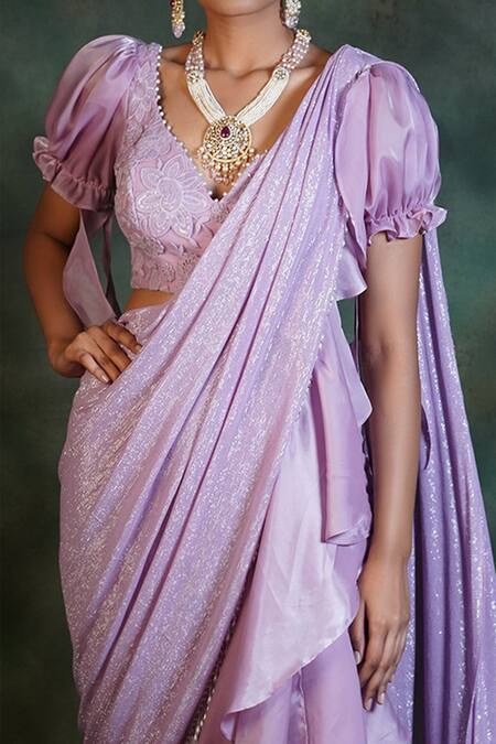 Archana Kochhar Purple Satin, Georgette, Organza Pre-draped Ruffle Saree With Puff Sleeve Blouse Online at Aza Fashions Archana Kochhar_Purple Satin, Georgette, Organza Pre-draped Ruffle Saree With Puff Sleeve Blouse _Online_at_Aza_Fashions