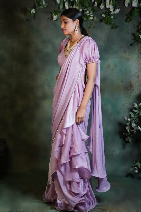 Buy Archana Kochhar Purple Satin, Georgette, Organza Pre-draped Ruffle Saree With Puff Sleeve Blouse Online at Aza Fashions Buy_Archana Kochhar_Purple Satin, Georgette, Organza Pre-draped Ruffle Saree With Puff Sleeve Blouse _Online_at_Aza_Fashions