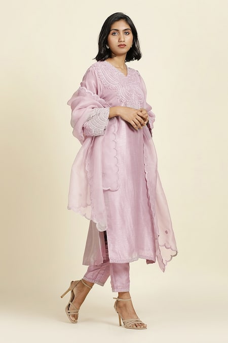 Oshi By Shikha_Purple , Organza Sequins, Embroidery V-neck Tonal Kurta Pant Set _Online_at_Aza_Fashions