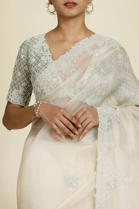 Oshi By Shikha_Off White , Taffeta, Silk Embroidery Placement Saree With Blouse _Online_at_Aza_Fashions
