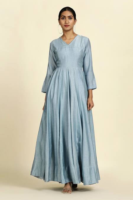 Oshi By Shikha_Blue , Organza Embroidery V-neck Anarkali Set With Dupatta _Online_at_Aza_Fashions