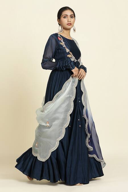 Oshi By Shikha_Blue , Organza Embroidery Round Neck Chanderi Anarkali Set _Online_at_Aza_Fashions