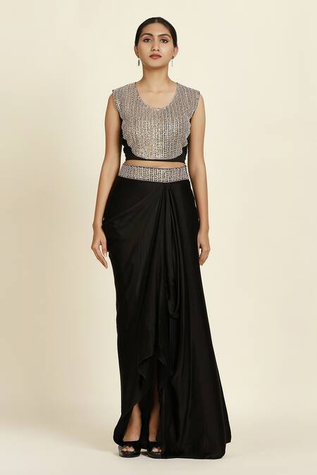 Oshi By Shikha_Black Satin, Cotton, Lycra Zari, Sequins Round Embroidered Top Draped Skirt Set_Online_at_Aza_Fashions