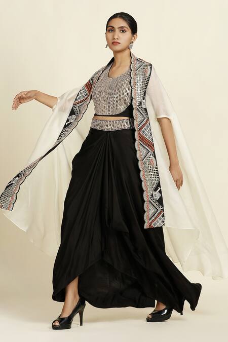 Buy_Oshi By Shikha_Black Satin, Cotton, Lycra Zari, Sequins Round Embroidered Top Draped Skirt Set_Online_at_Aza_Fashions