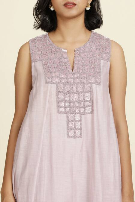 Buy_Oshi By Shikha_Purple Chanderi, , Organza, Muslin Embroidery Neckline Anarkali Set _Online_at_Aza_Fashions