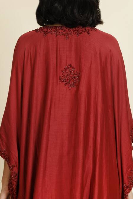 Buy_Oshi By Shikha_Maroon Silk, Chanderi, Taffeta Embroidery V-neck Kaftan _Online_at_Aza_Fashions