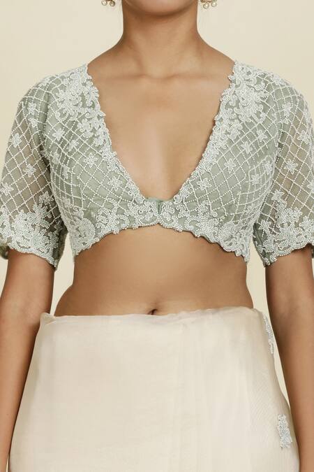 Buy_Oshi By Shikha_Off White , Taffeta, Silk Embroidery Placement Saree With Blouse _Online_at_Aza_Fashions