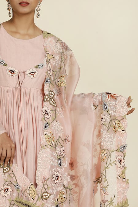 Oshi By Shikha_Pink Chanderi, Silk Organza, Silk, Muslin Pleated Anarkali Set With Dupatta_Online_at_Aza_Fashions