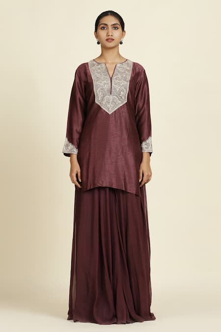 Buy_Oshi By Shikha_Purple , Chiffon, Organza Sequins, Embroidery Split Kurta Sharara Set_Online_at_Aza_Fashions