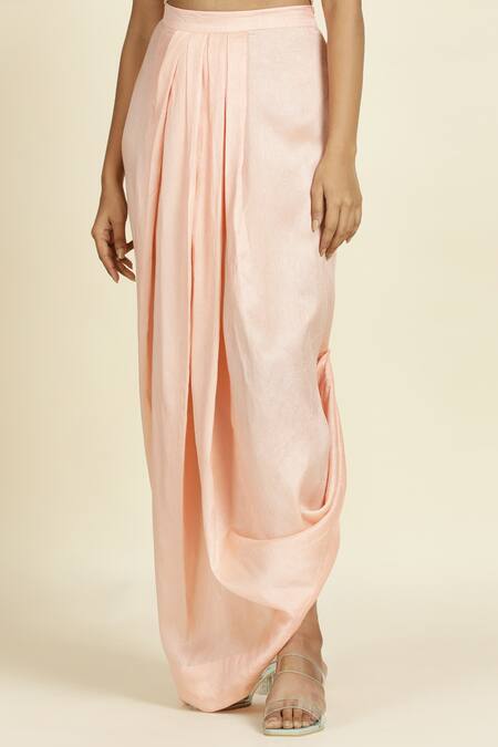 Oshi By Shikha_Pink Silk, Chanderi, Muslin Hand Embroidered Short Kurta And Draped Skirt Set_Online_at_Aza_Fashions