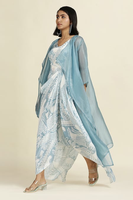 Oshi By Shikha_Blue Silk Organza Embroidery V-, Open Printed Draped Dress With Jacket _Online_at_Aza_Fashions