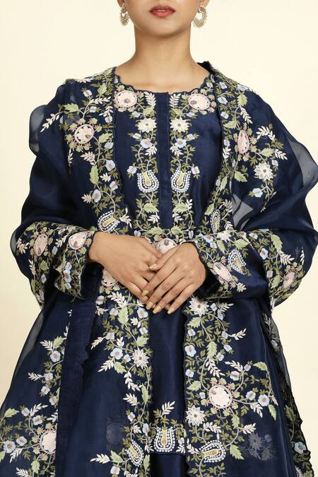 Buy_Oshi By Shikha_Blue Chanderi , Organza, Crepe Embroidery Round Floral Sharara Set _Online_at_Aza_Fashions