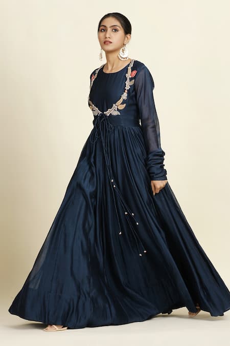 Buy_Oshi By Shikha_Blue , Organza Embroidery Round Neck Chanderi Anarkali Set _Online_at_Aza_Fashions