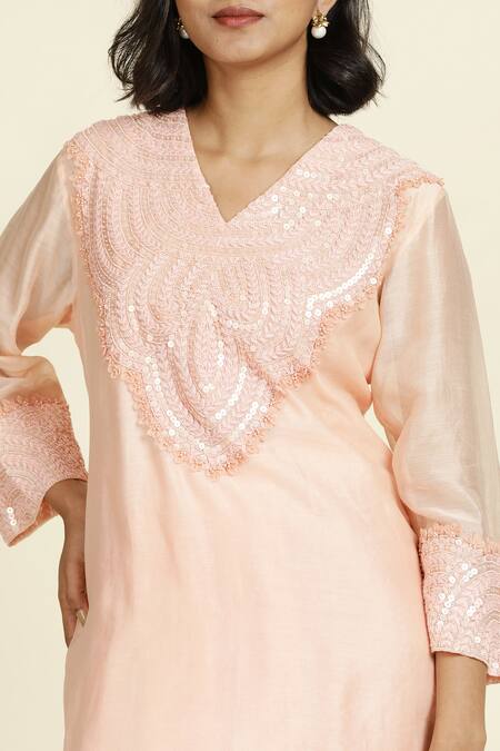 Buy_Oshi By Shikha_Pink Silk, Chanderi, Muslin Hand Embroidered Short Kurta And Draped Skirt Set_Online_at_Aza_Fashions