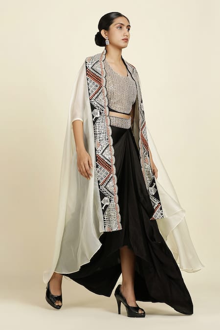 Shop_Oshi By Shikha_Black Satin, Cotton, Lycra Zari, Sequins Round Embroidered Top Draped Skirt Set_Online_at_Aza_Fashions