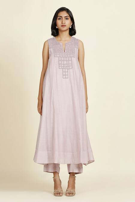 Shop_Oshi By Shikha_Purple Chanderi, , Organza, Muslin Embroidery Neckline Anarkali Set _Online_at_Aza_Fashions